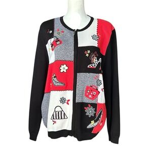 ALFRED DUNNER Patchwork Zip Cardigan Size XL Embrllished Novelty Sweater Y2K